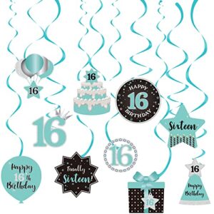 happy 16th birthday party hanging swirls streams ceiling decorations, celebration sweet 16 foil hanging swirls with cutouts for 16 years teal silver black blue birthday party decorations supplies