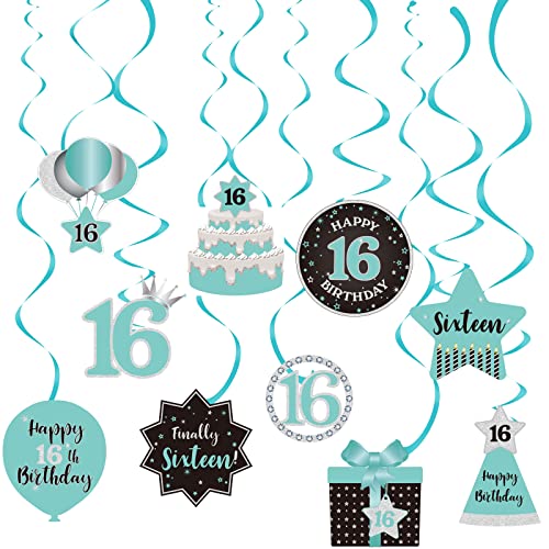 Happy 16th Birthday Party Hanging Swirls Streams Ceiling Decorations, Celebration Sweet 16 Foil Hanging Swirls with Cutouts for 16 Years Teal Silver Black Blue Birthday Party Decorations Supplies