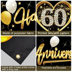 Kauayurk Happy 60th Wedding Anniversary Banner Decorations, Black Gold 60th Anniversary Sign Party Supplies, 60th Wedding Anniversary Decor Photo Booth for Outdoor Indoor