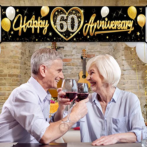 Kauayurk Happy 60th Wedding Anniversary Banner Decorations, Black Gold 60th Anniversary Sign Party Supplies, 60th Wedding Anniversary Decor Photo Booth for Outdoor Indoor