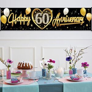 Kauayurk Happy 60th Wedding Anniversary Banner Decorations, Black Gold 60th Anniversary Sign Party Supplies, 60th Wedding Anniversary Decor Photo Booth for Outdoor Indoor