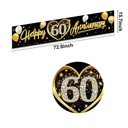 Kauayurk Happy 60th Wedding Anniversary Banner Decorations, Black Gold 60th Anniversary Sign Party Supplies, 60th Wedding Anniversary Decor Photo Booth for Outdoor Indoor