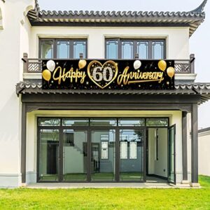Kauayurk Happy 60th Wedding Anniversary Banner Decorations, Black Gold 60th Anniversary Sign Party Supplies, 60th Wedding Anniversary Decor Photo Booth for Outdoor Indoor