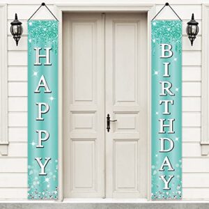 luxiocio teal silver happy birthday door banner decorations for girls women, breakfast blue porch sign party supplies, 10th 13th 16th 18th 21st 30th 40th 50th 60th decor outdoor indoor