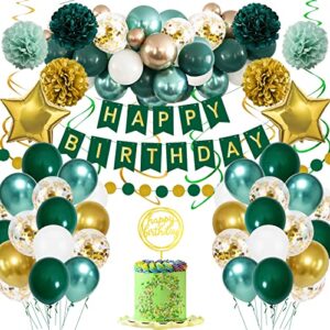 green gold party decorations men women 55pcs retro dark green gold balloons garland kit tissue pom poms flowers happy birthday banner metal and sequin balloons swirl streamers for retire baby shower