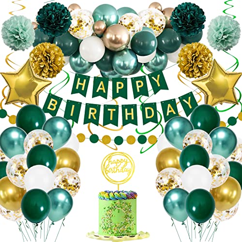 Green Gold Party Decorations Men Women 55PCS Retro Dark Green Gold Balloons Garland Kit Tissue Pom Poms Flowers Happy Birthday Banner Metal and Sequin Balloons Swirl Streamers for Retire Baby Shower