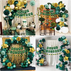 Green Gold Party Decorations Men Women 55PCS Retro Dark Green Gold Balloons Garland Kit Tissue Pom Poms Flowers Happy Birthday Banner Metal and Sequin Balloons Swirl Streamers for Retire Baby Shower