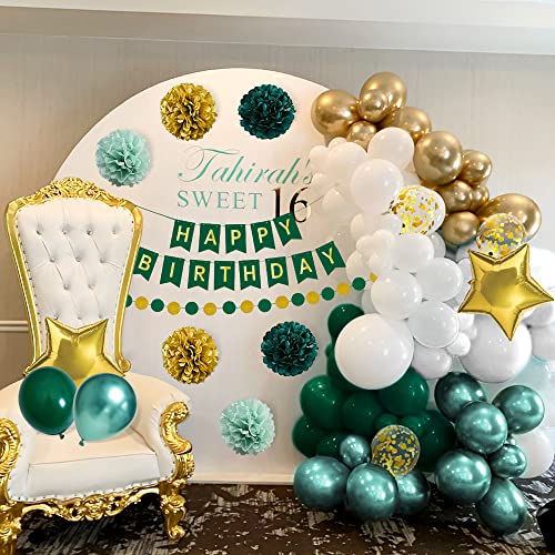 Green Gold Party Decorations Men Women 55PCS Retro Dark Green Gold Balloons Garland Kit Tissue Pom Poms Flowers Happy Birthday Banner Metal and Sequin Balloons Swirl Streamers for Retire Baby Shower