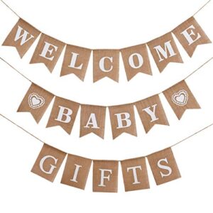 3 pieces welcome baby banner gift burlap banner baby shower banner bunting garland for baby shower party ornament favors(khaki)
