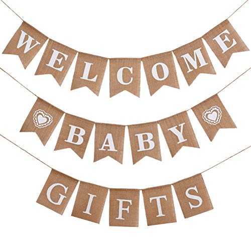 3 Pieces Welcome Baby Banner Gift Burlap Banner Baby Shower Banner Bunting Garland for Baby Shower Party Ornament Favors(Khaki)