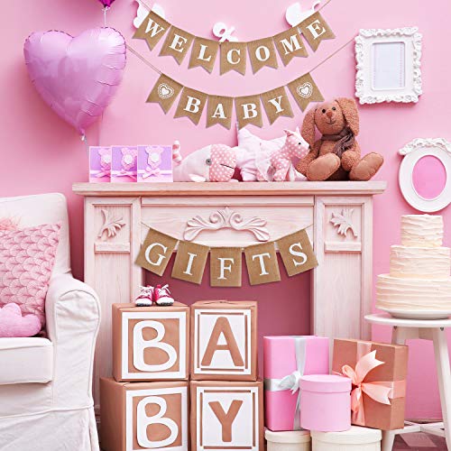 3 Pieces Welcome Baby Banner Gift Burlap Banner Baby Shower Banner Bunting Garland for Baby Shower Party Ornament Favors(Khaki)