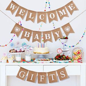 3 Pieces Welcome Baby Banner Gift Burlap Banner Baby Shower Banner Bunting Garland for Baby Shower Party Ornament Favors(Khaki)