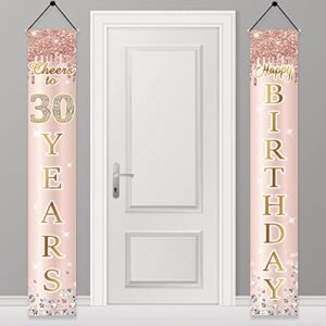 30th birthday decorations door banner for women, pink rose gold cheers to 30 years happy birthday sign party supplies, sweet thirty birthday backdrop porch decor