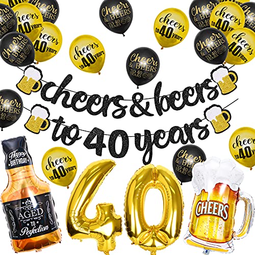 40th Birthday Decorations, 40 Years Anniversary Decorations Cheers to 40 Years Banner, 40 Sign Latex Balloon, 32 Inch Number 40 Gold Foil Balloon Cheers Cup Foil Balloon for 40 Birthday Wedding Party Supplies