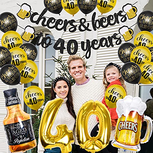 40th Birthday Decorations, 40 Years Anniversary Decorations Cheers to 40 Years Banner, 40 Sign Latex Balloon, 32 Inch Number 40 Gold Foil Balloon Cheers Cup Foil Balloon for 40 Birthday Wedding Party Supplies