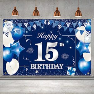 p.g collin happy 15th birthday banner backdrop sign background, 15 birthday party decorations supplies for boys girls 6 x 4ft blue silver, blue-15 (hb15-fh)