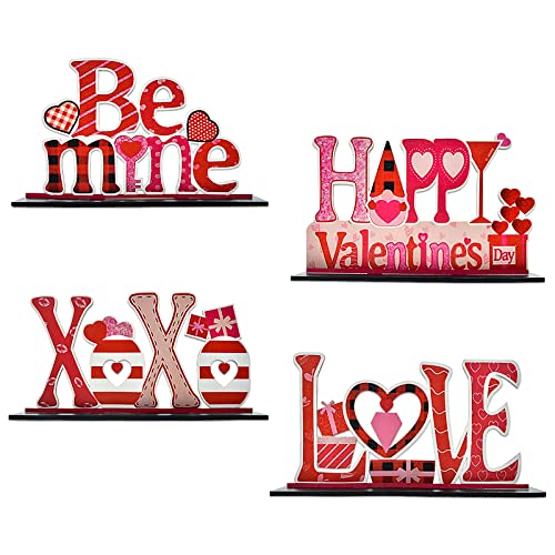 4Pcs Valentine's Day Decorations Love Wooden Table Sign, Anniversaries Tabletop Centerpiece Signs Ornaments for Gift Dining Room Table Party Home Kitchen Holiday Decorations Gift for Girlfriend Wife