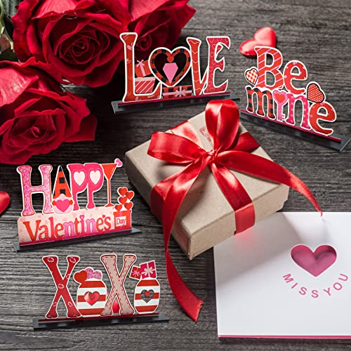 4Pcs Valentine's Day Decorations Love Wooden Table Sign, Anniversaries Tabletop Centerpiece Signs Ornaments for Gift Dining Room Table Party Home Kitchen Holiday Decorations Gift for Girlfriend Wife