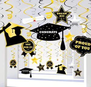 42pcs graduation decorations 2023 hanging swirls party supplies – grad star/mortarboards/diplomas ceiling foil ornaments（black,silver,gold）