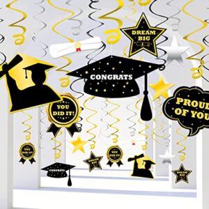 42PCS Graduation Decorations 2023 Hanging Swirls Party Supplies - Grad Star/Mortarboards/Diplomas Ceiling Foil Ornaments（Black,Silver,Gold）