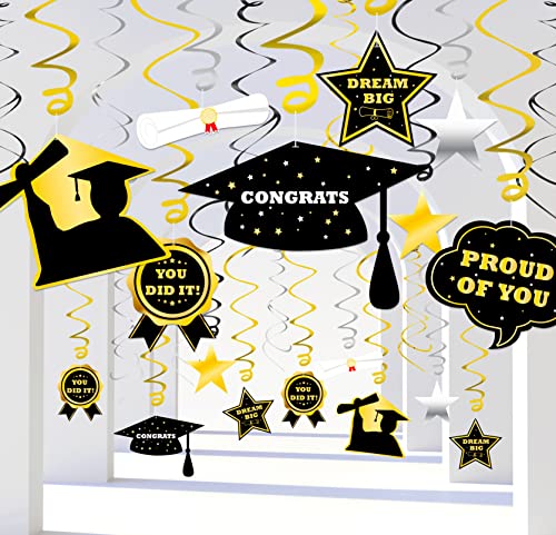 42PCS Graduation Decorations 2023 Hanging Swirls Party Supplies - Grad Star/Mortarboards/Diplomas Ceiling Foil Ornaments（Black,Silver,Gold）