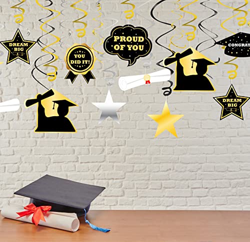 42PCS Graduation Decorations 2023 Hanging Swirls Party Supplies - Grad Star/Mortarboards/Diplomas Ceiling Foil Ornaments（Black,Silver,Gold）