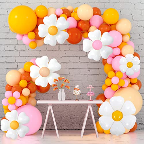 Daisy Balloon Garland Arch Kit Macaron Pink Nude Lemon Yellow White Heart Balloons with Flower Clips for Boho Daisy Birthday Baby Shower Wedding Decorations Groovy Party Supplies