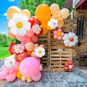 Daisy Balloon Garland Arch Kit Macaron Pink Nude Lemon Yellow White Heart Balloons with Flower Clips for Boho Daisy Birthday Baby Shower Wedding Decorations Groovy Party Supplies