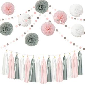 InBy 26pcs Pink Grey Party Decorations Baby Shower Decoration for Girl 12" 10" 8" Tissue Paper Flower Pom Poms Tassel Garland for Wedding Birthday Bachelorette Bridal Baby Girl Shower Party Decoration