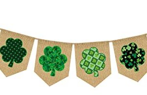 Whaline St. Patrick's Day Burlap Banner with String Green Shamrock Burlap Banner Pre-Assembled Bunting Garland St. Patrick's Day Celebration Hanging Decorations for Home Party Supplies