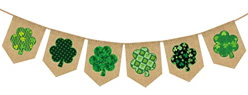 Whaline St. Patrick's Day Burlap Banner with String Green Shamrock Burlap Banner Pre-Assembled Bunting Garland St. Patrick's Day Celebration Hanging Decorations for Home Party Supplies