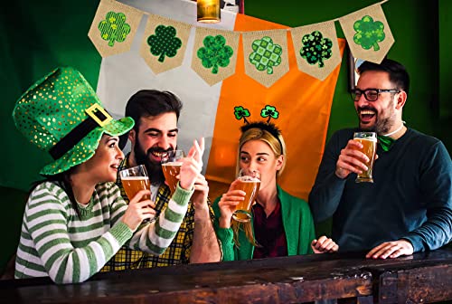 Whaline St. Patrick's Day Burlap Banner with String Green Shamrock Burlap Banner Pre-Assembled Bunting Garland St. Patrick's Day Celebration Hanging Decorations for Home Party Supplies