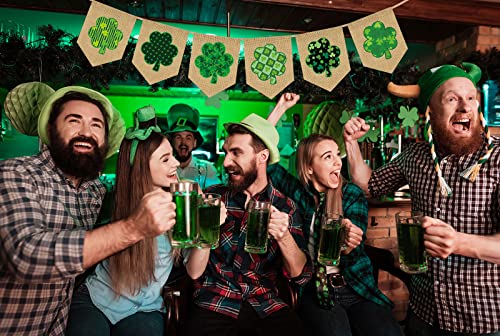 Whaline St. Patrick's Day Burlap Banner with String Green Shamrock Burlap Banner Pre-Assembled Bunting Garland St. Patrick's Day Celebration Hanging Decorations for Home Party Supplies