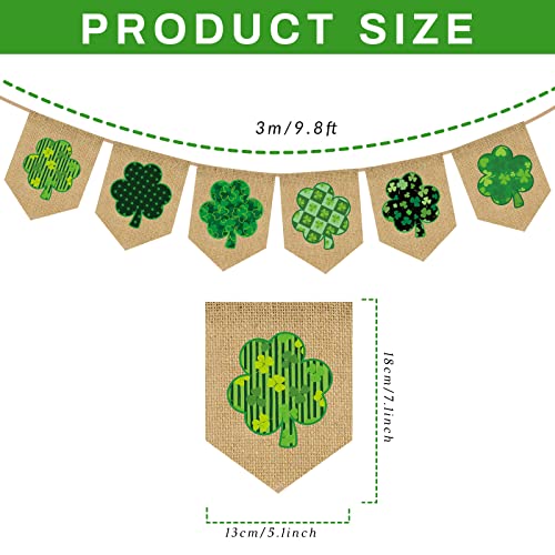 Whaline St. Patrick's Day Burlap Banner with String Green Shamrock Burlap Banner Pre-Assembled Bunting Garland St. Patrick's Day Celebration Hanging Decorations for Home Party Supplies
