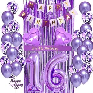 16th birthday decorations for girls, 16th birthday balloons purple, 16th birthday decorations, purple balloons, it’s my birthday sash, cake topper, birthday banner for 16th birthday decorations