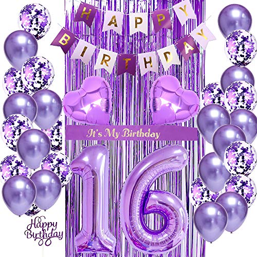 16th Birthday Decorations for Girls, 16th Birthday Balloons Purple, 16th Birthday Decorations, Purple Balloons, It's My Birthday Sash, Cake Topper, Birthday Banner for 16th Birthday Decorations