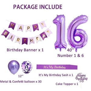 16th Birthday Decorations for Girls, 16th Birthday Balloons Purple, 16th Birthday Decorations, Purple Balloons, It's My Birthday Sash, Cake Topper, Birthday Banner for 16th Birthday Decorations