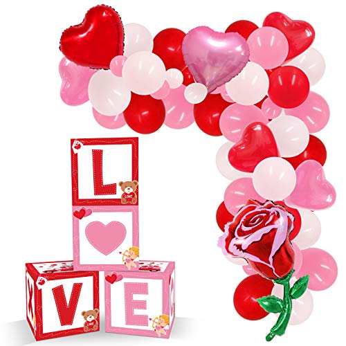 Valentine's Day Party Decorations Supplies Love XOXO Sign Balloons Boxes Blocks Decorations Set Red Pink Heart Balloons Arch Garland for Valentine Surprise Box Wedding Bridal Shower Photo Props Favors