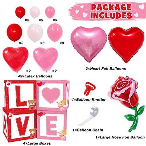 Valentine's Day Party Decorations Supplies Love XOXO Sign Balloons Boxes Blocks Decorations Set Red Pink Heart Balloons Arch Garland for Valentine Surprise Box Wedding Bridal Shower Photo Props Favors