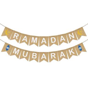 ramadan mubarak banner burlap – ramadan mubarak decorations – rustic ramadan mubarak bunting banner for mantle fireplace – ramadan party decor supplies