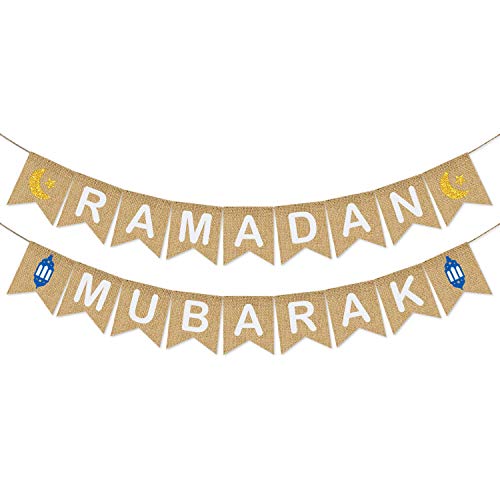 Ramadan Mubarak Banner Burlap - Ramadan Mubarak Decorations - Rustic Ramadan Mubarak Bunting Banner for Mantle Fireplace - Ramadan Party Decor Supplies