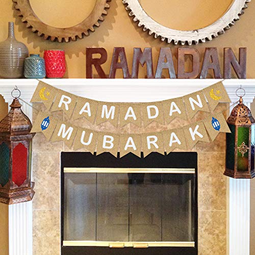 Ramadan Mubarak Banner Burlap - Ramadan Mubarak Decorations - Rustic Ramadan Mubarak Bunting Banner for Mantle Fireplace - Ramadan Party Decor Supplies