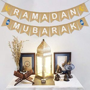 Ramadan Mubarak Banner Burlap - Ramadan Mubarak Decorations - Rustic Ramadan Mubarak Bunting Banner for Mantle Fireplace - Ramadan Party Decor Supplies