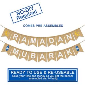 Ramadan Mubarak Banner Burlap - Ramadan Mubarak Decorations - Rustic Ramadan Mubarak Bunting Banner for Mantle Fireplace - Ramadan Party Decor Supplies