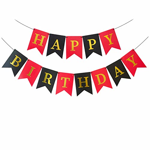 ANSOMO Red and Black Happy Birthday Bunting Banner Party Decorations Gold Signs Streamers Men Women Boys Girls