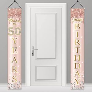 50th birthday decorations door banner for women, pink rose gold cheers to 50 years birthday backdrop sign party supplies, happy fifty birthday porch decor for outdoor indoor
