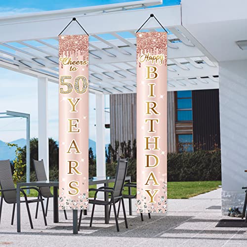 50th Birthday Decorations Door Banner for Women, Pink Rose Gold Cheers to 50 Years Birthday Backdrop Sign Party Supplies, Happy Fifty Birthday Porch Decor for Outdoor Indoor