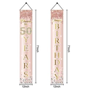 50th Birthday Decorations Door Banner for Women, Pink Rose Gold Cheers to 50 Years Birthday Backdrop Sign Party Supplies, Happy Fifty Birthday Porch Decor for Outdoor Indoor