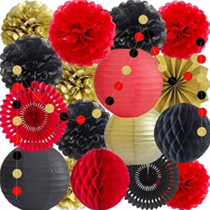 ansomo black red and gold party decorations paper fans lanterns tissue pom poms wall hanging decor supplies bridal baby shower birthday wedding graduation