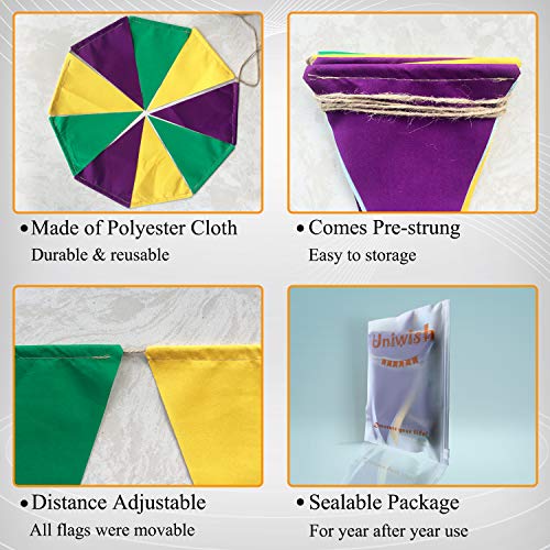 Uniwish Pre-Strung Gold Purple and Green Pennant Banner for Mardi Gras Decorations New Orleans Baby Shower Birthday Bachelorette Party Supplies